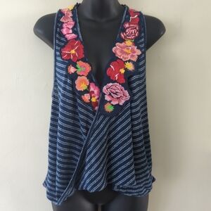 Free People Navy Striped Tank with Floral Embroidery Bohemian Sz XSmall Feminine